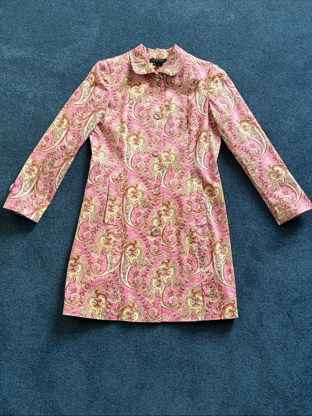 Etcetera Pink Paisley Trench Coat Size 8. Fully lined, Covered Buttons, Pockets